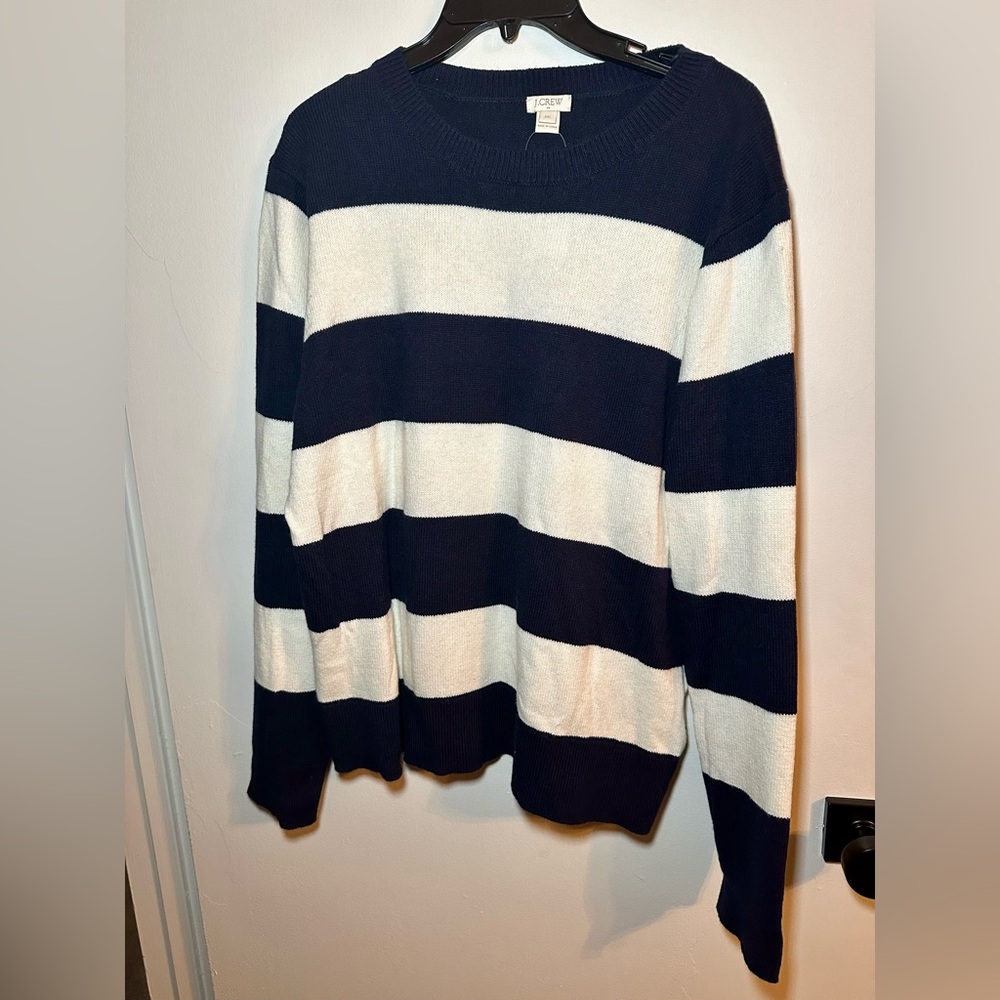 NWT J. Crew navy blue and cream block stripe sweater Size XXL